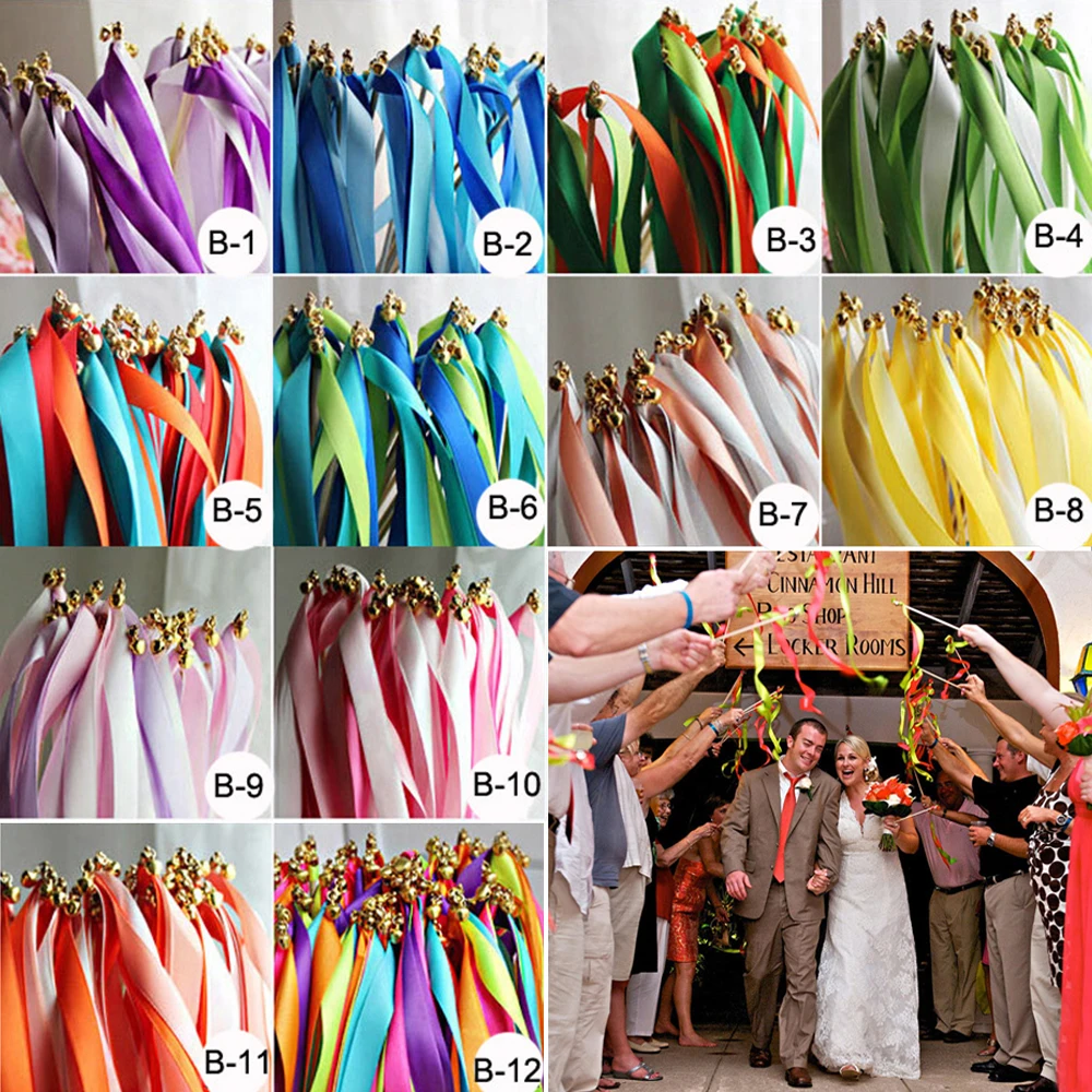 

1pcs Colorful Stain Ribbon Wedding Stick Mixed Color Wedding Wands With Gold Bells for Wedding Decoration