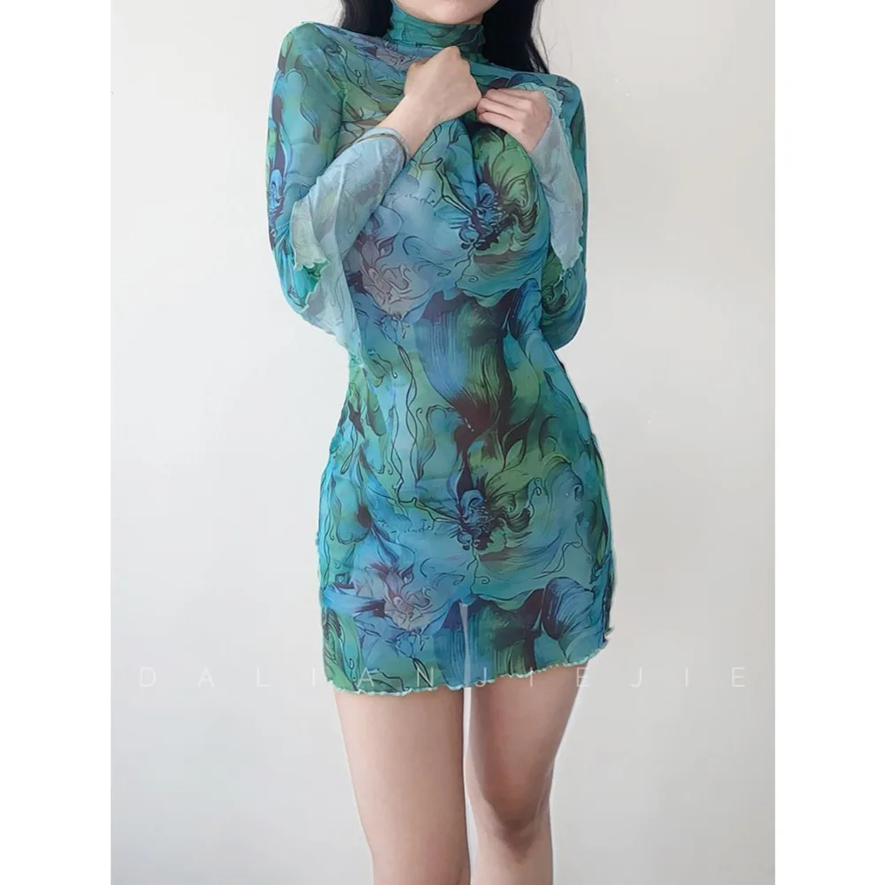 Outerwear Printed Sheer Dress Fashion Flared Sleeves Side Elastic Bodycon Dress Slim Fit Thai Style