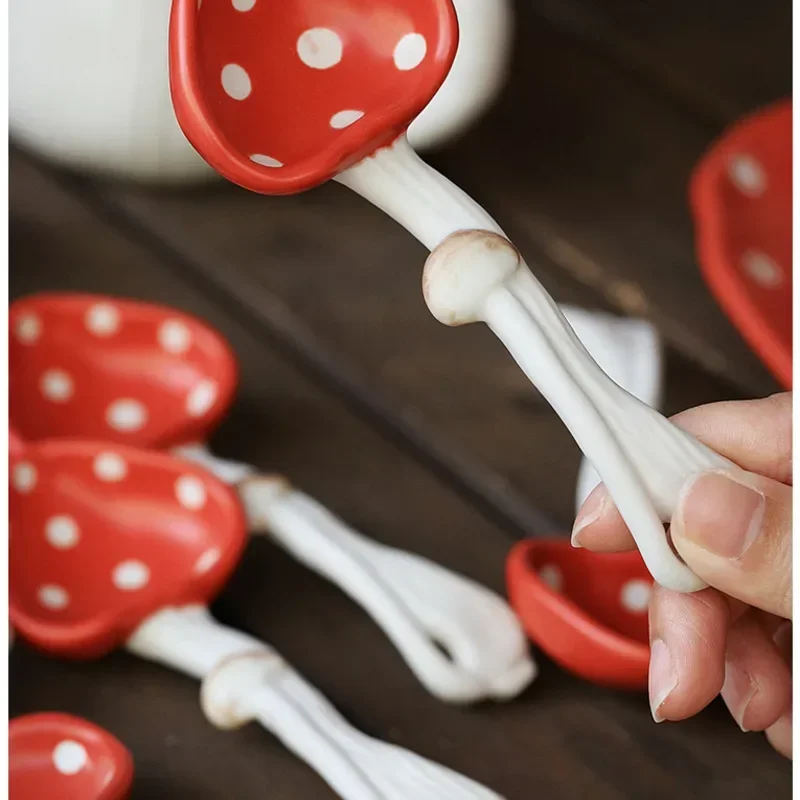 High Appearance Level Soup Spoon Cute Cartoon Dessert Spoon Ceramic Mushroom Coffee Spoon Underglaze Color Craft Dinnerware Set