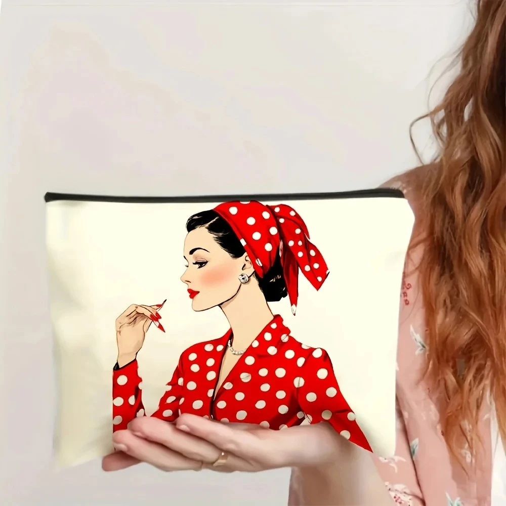 A Retro Polka Dot Girl Makeup Bag - Cute Multi-functional Zipper Pouch for Women, Jewelry Storage Bag