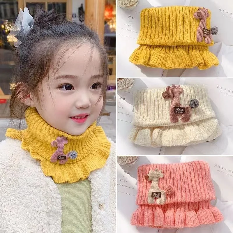 Baby Cartoon Giraffe Knit Scarfs Autumn Winter Outdoor Windproof Warm Thick Scarf Children Flanged Shawl False Collar Neck Sets