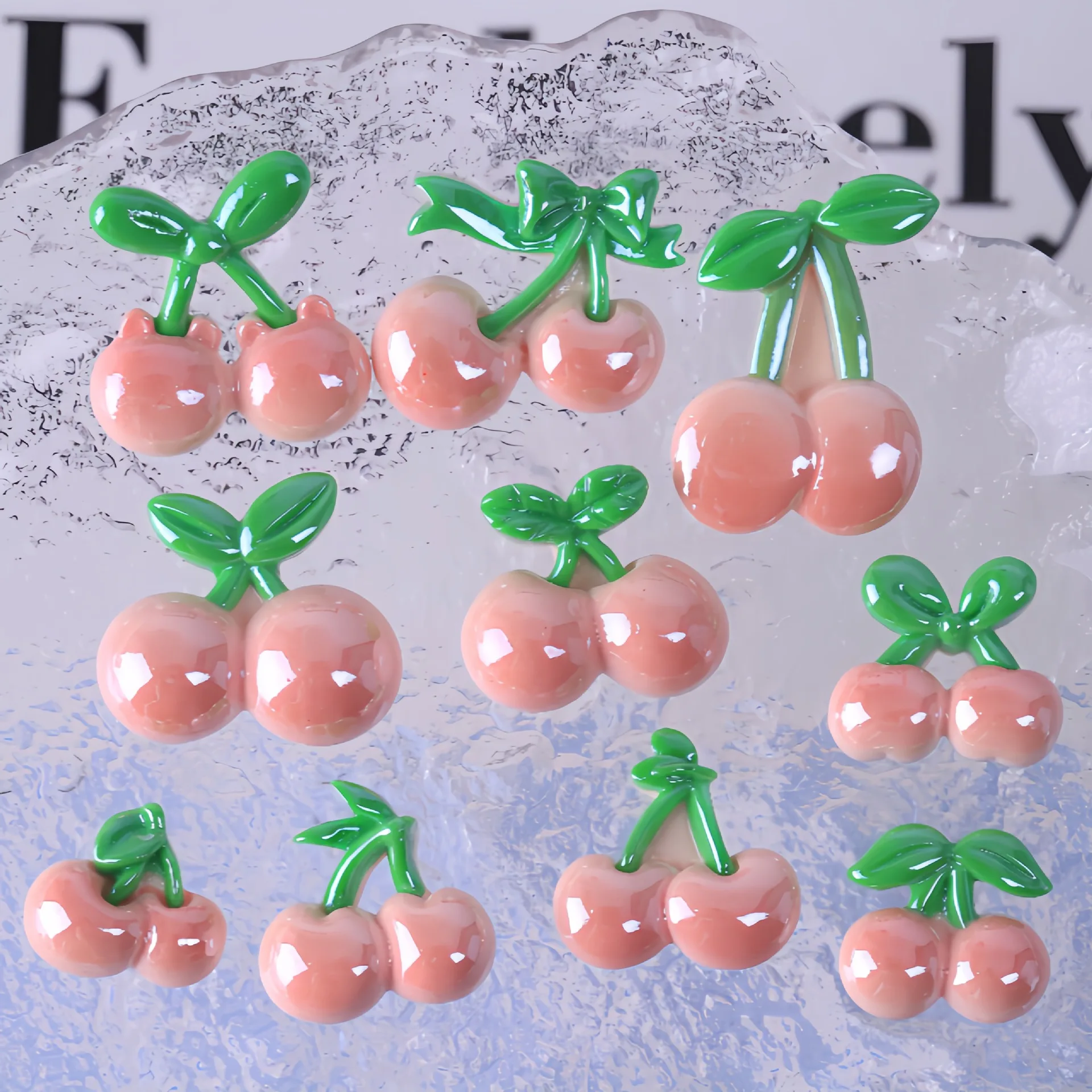 5pcs Mini Cherry Flatback Model Electroplated Pink Cherry Resin DIY Craft Accessory Handmade Pendant Decoration Desktop Ornament