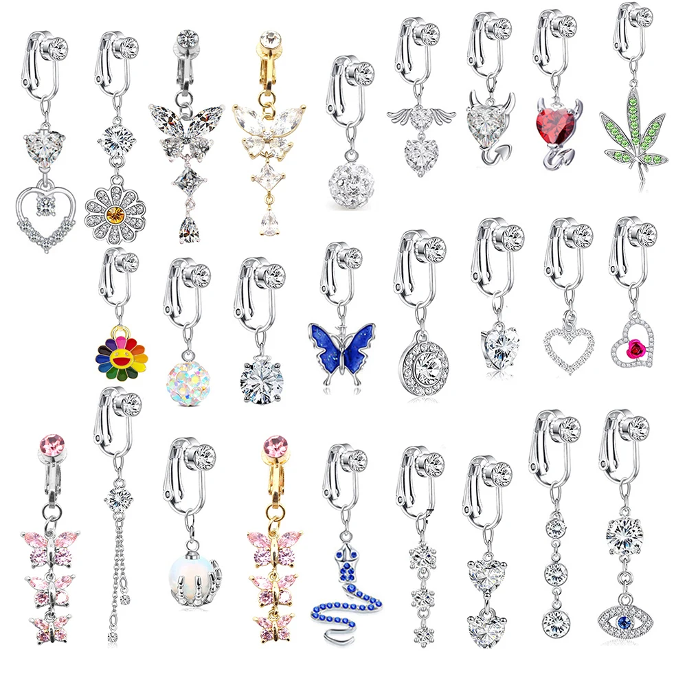 Faux Fake Belly Piercing Butterfly Leaves Dangling Long Fake Belly Button Pircing Clip On Umbilical Navel Cartilage Earring Clip