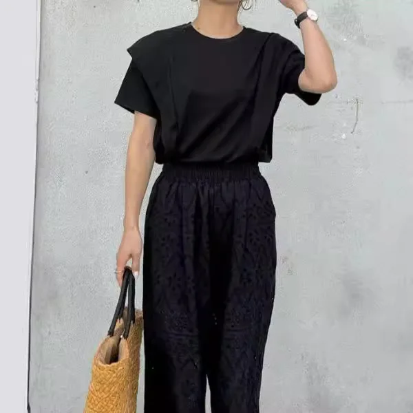 Japanse en Koreaanse damesmode zomer nieuwe losse veelzijdige casual effen kleur puur katoen gegolfde T-shirt top voor dames