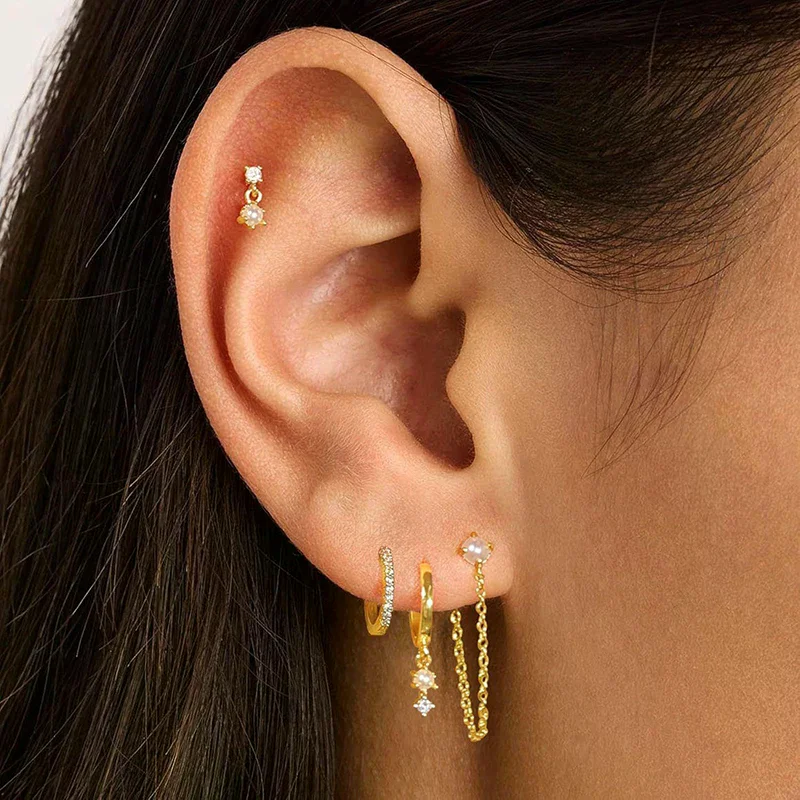 4PCS Chain Earring Set For Women Fashion Flower Tragus Hoop Earrings Bulk Cartilage Piercing Helix Jewelry Lobe Earing