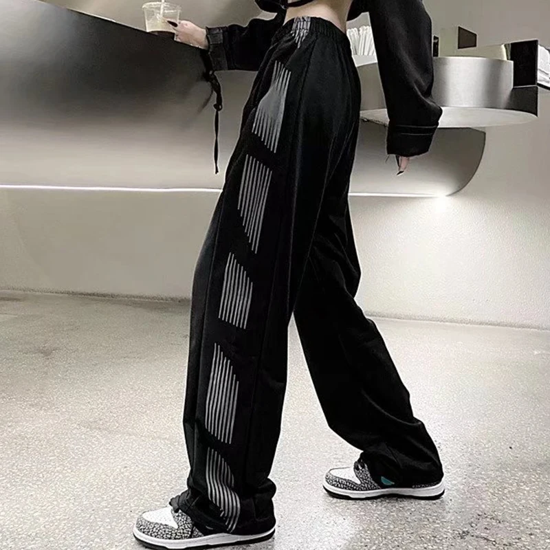 

Women High Waist Sweatpants Korean Striped Print Loose Wide Leg Pants Summer Black Fashion Female Streetwear Trousers