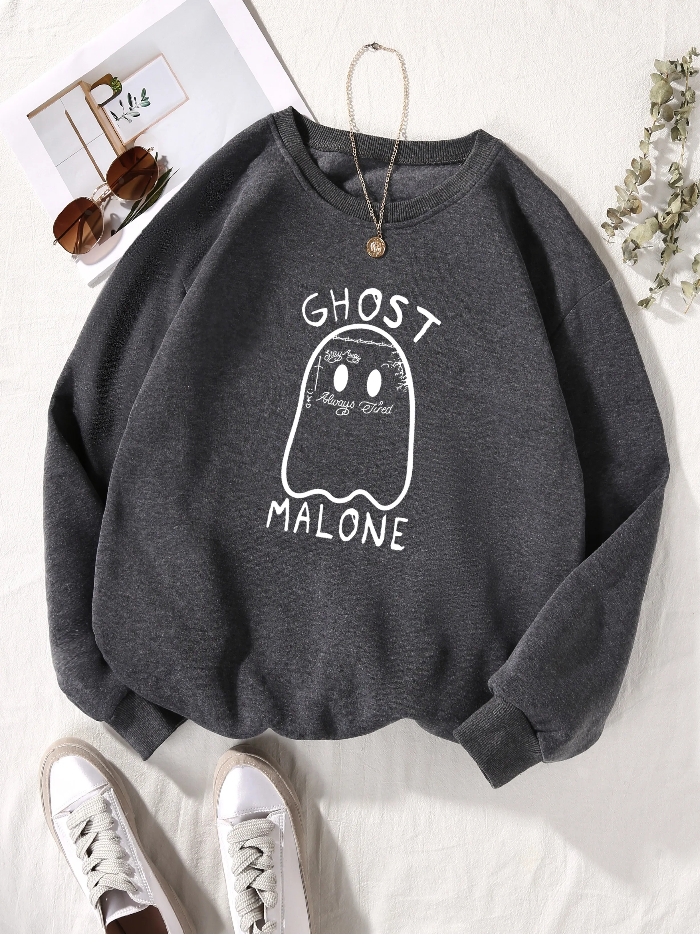 Casual Street Women Sweatshirt Kawaii Ghost Malone Printing Pullover Warm Comfortable Hoody Loose Crewneck Fleece Female Clothes