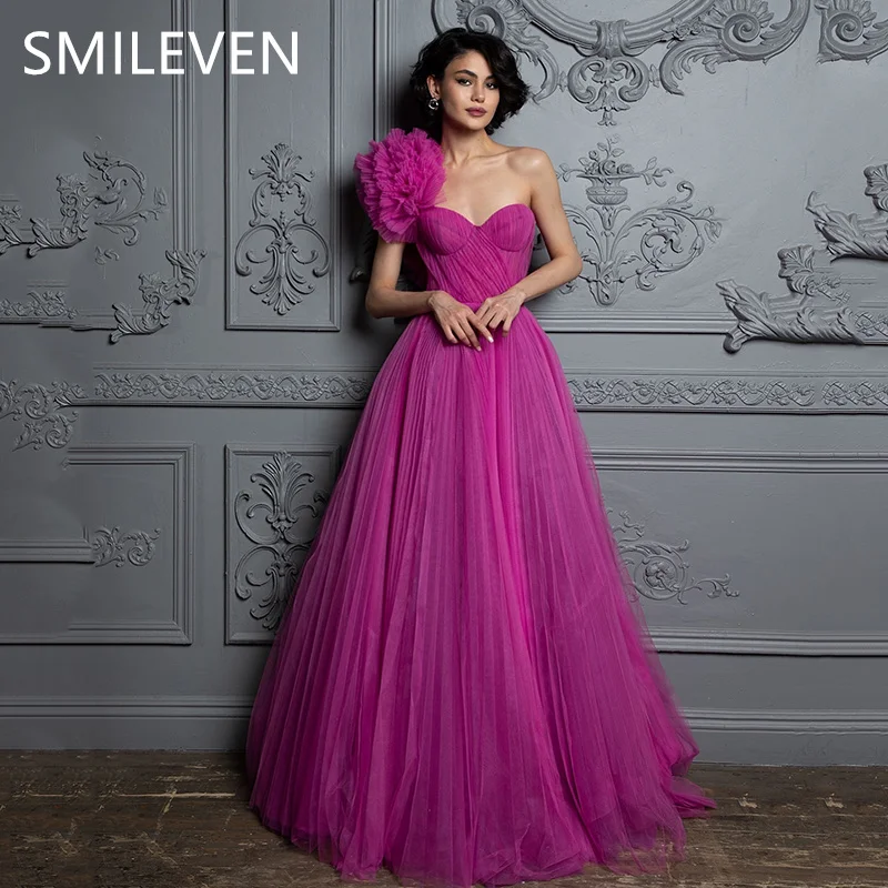 Smileven สีชมพู A-Line Tulle เซ็กซี่หนึ่งไหล่ชุดราตรีดอกไม้แขนกุดชา-ความยาวชุดราตรีของขวัญที่กําหนดเอง 2025