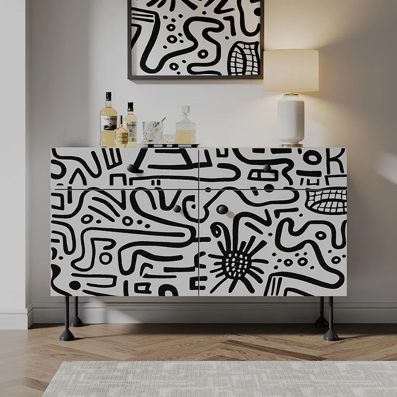 

French painted solid wood dining side cabinet household living room storage decorative cabinet modern graffiti hand-painted