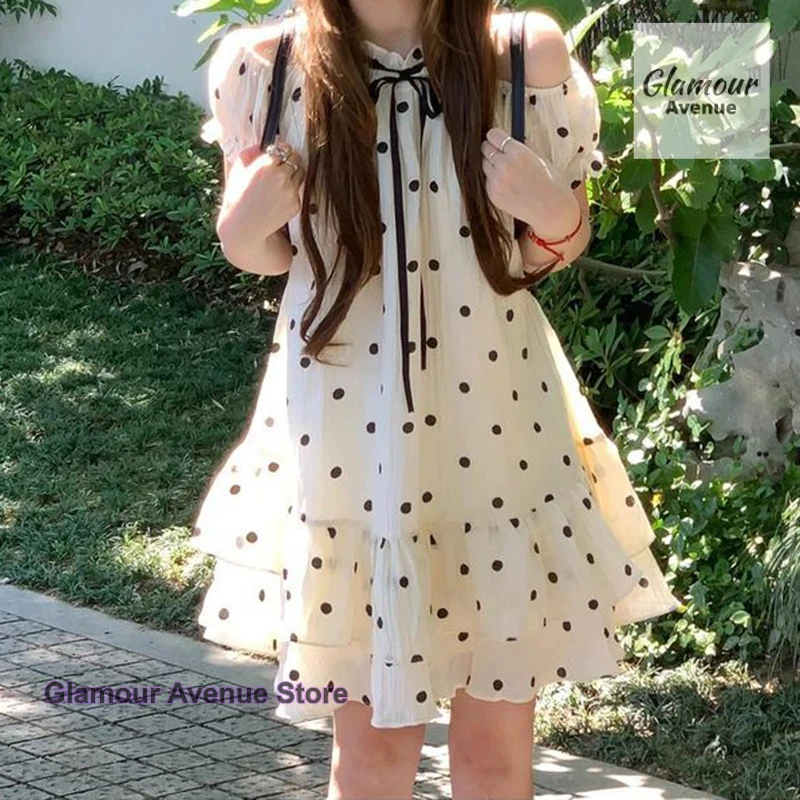 

French sweet girl polka-dot dress female summer fashion new bow off-the-shoulder casual Joker short-sleeved bubble sleeve skirt