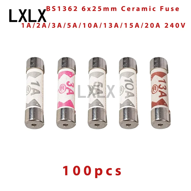 100PCS BS1362 6x25mm Ceramic Fuse Sand-Filled Slow-Blow Anti-Arc British Standard Plug Fuses 1A 2A 3A 5A 10A 13A 15A 20A 240V