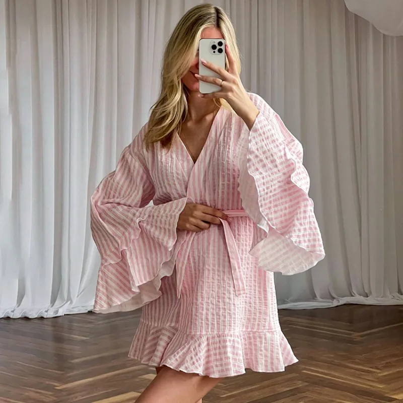

2026 New Women's European American Spring Summer Pajamas Double Layer Crepe Cotton Ruffle Edge Nightgown Skin Friendly Comfort