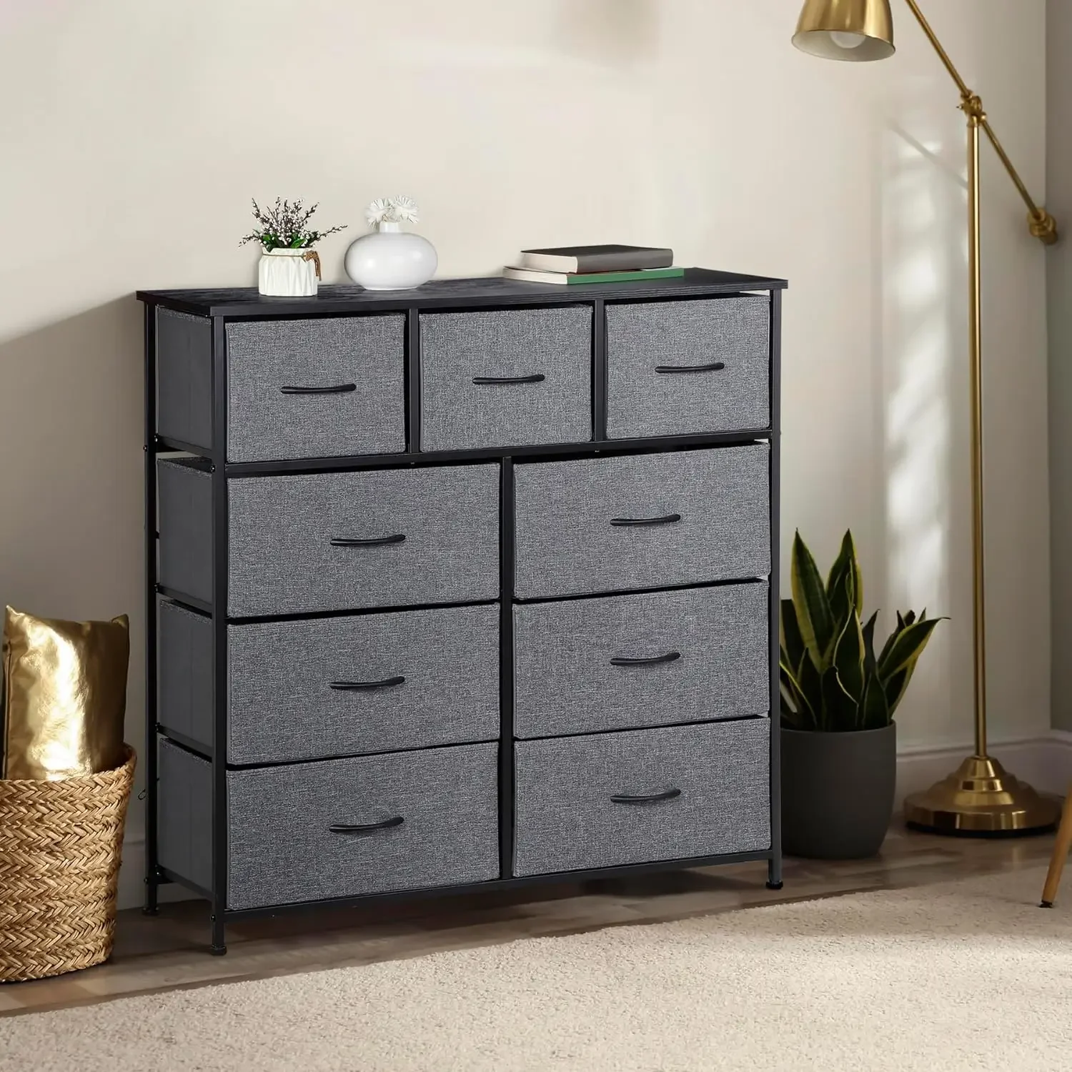 9 Drawers Dresser,Fabric Storage Tower, Organizer Unit Tall Chest with Fabric Bins, Steel Frame, Wooden Top & Easy Pull Handle