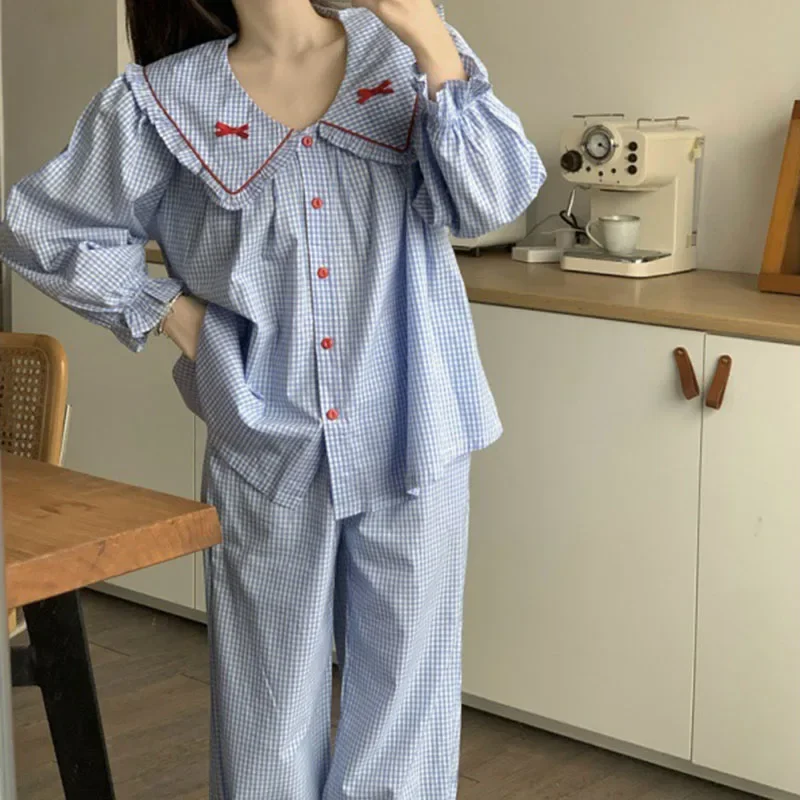 Autumn New Pajamas Women Long-sleeved Cute Doll Collar Plaid Homewear Suit Loose Pants 2 Pieces Set Sleepwear Button Pijamas