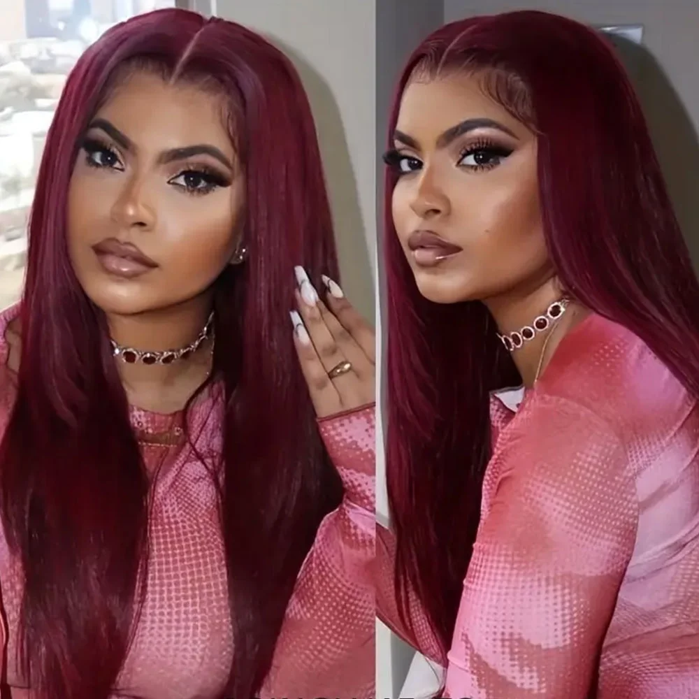 99j Burgundy Lace Front Wigs Human Hair 13x4 Straight Transparent Lace 200% Density Brazilian Human Hair Wigs For Women 34Inch