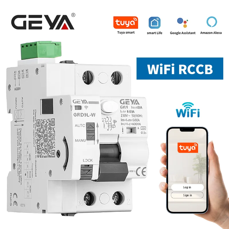 GEYA GRD9L-W Tuya WIFI Smart Circuit Breaker RCCB Recloser Differential Circuit Breaker AC220V Intelligent Interruptor