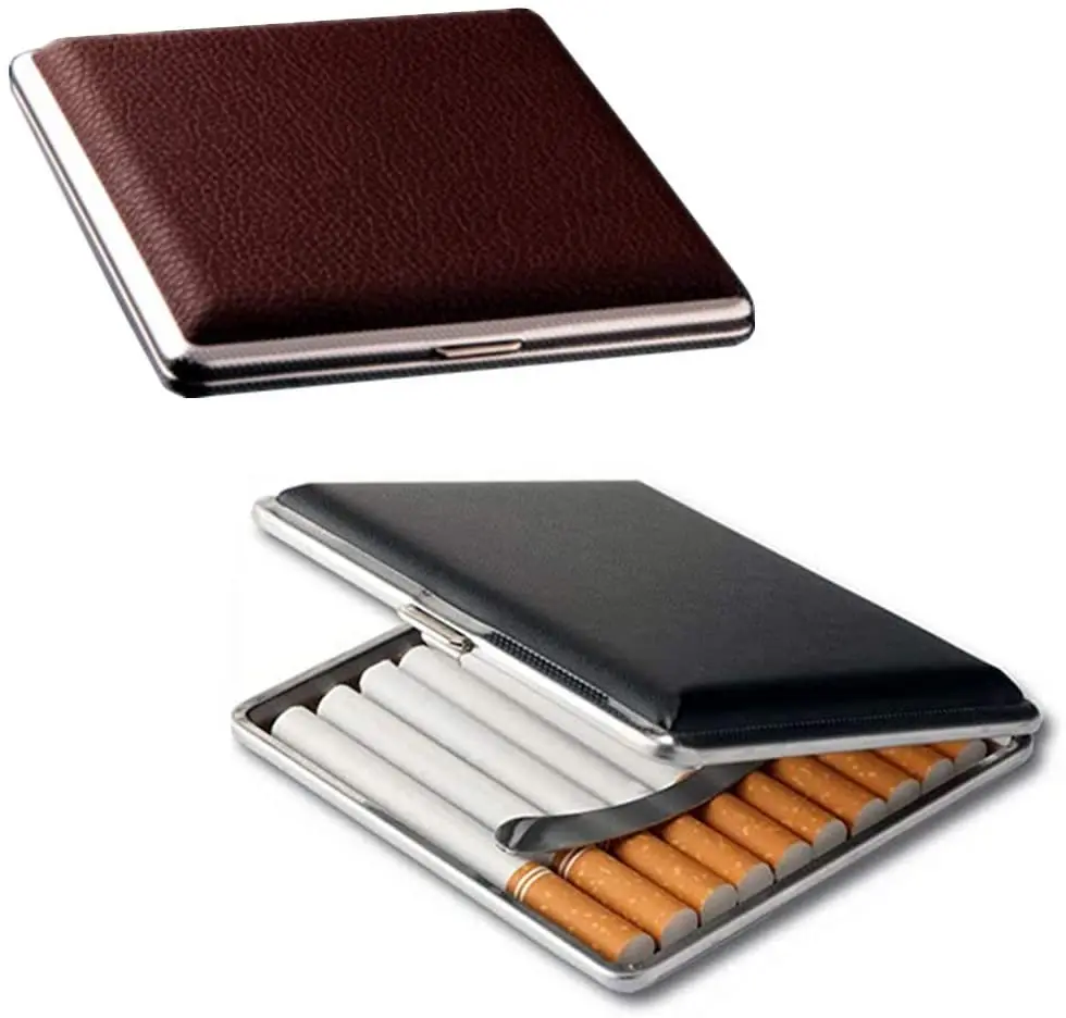 20 Sticks Gift for Men\'s Leather Cigarette Box Cigar Case Metal Leather Smoking Accessories Cigarette Lady Storage Cover Hold