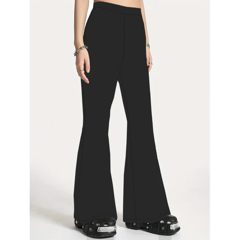 .2025 Elegante Trendy Flare Hosen Frauen Solid Black Elastische Taille Stretchy Abnehmen Büro Täglich