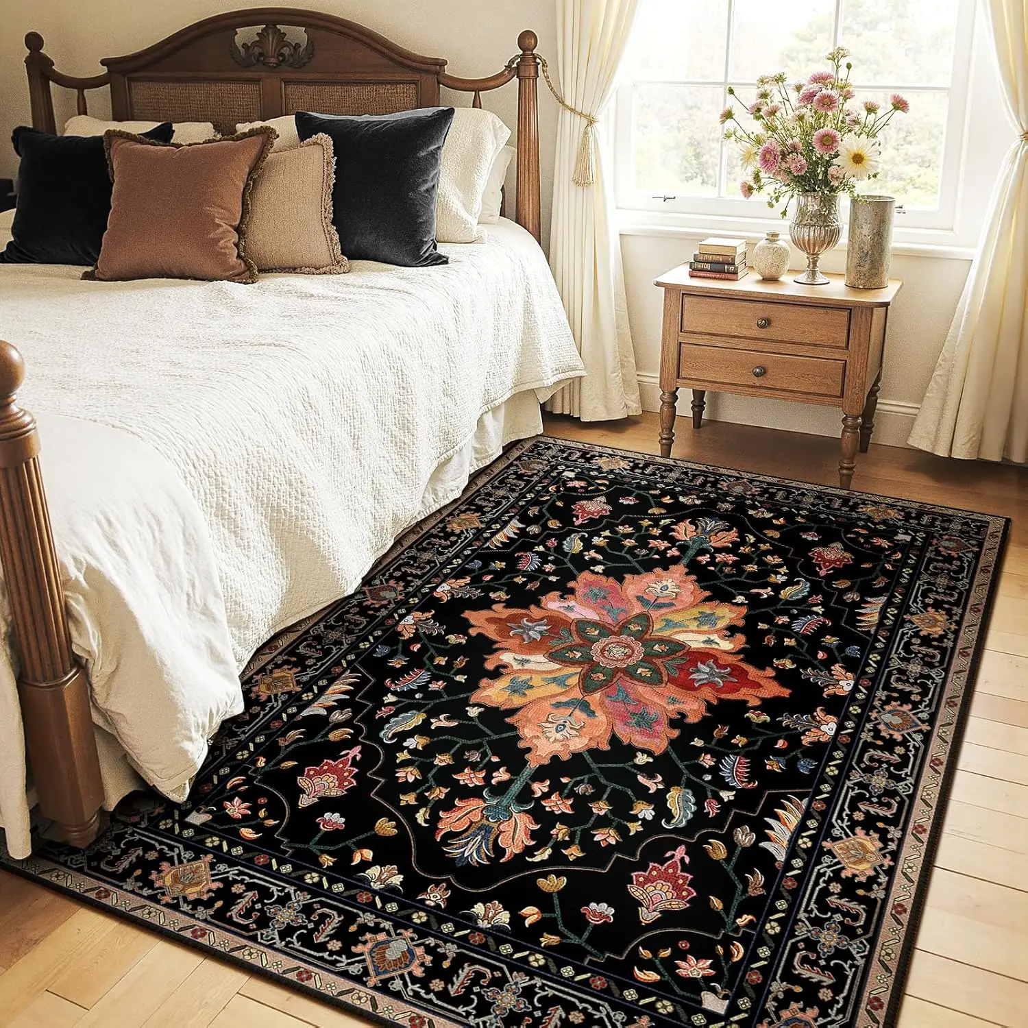 Floral Vintage Distress Print Pattern Medallion Carpet for Living Room Bedroom Dining Room, Black Colorful Floral Dark Tan