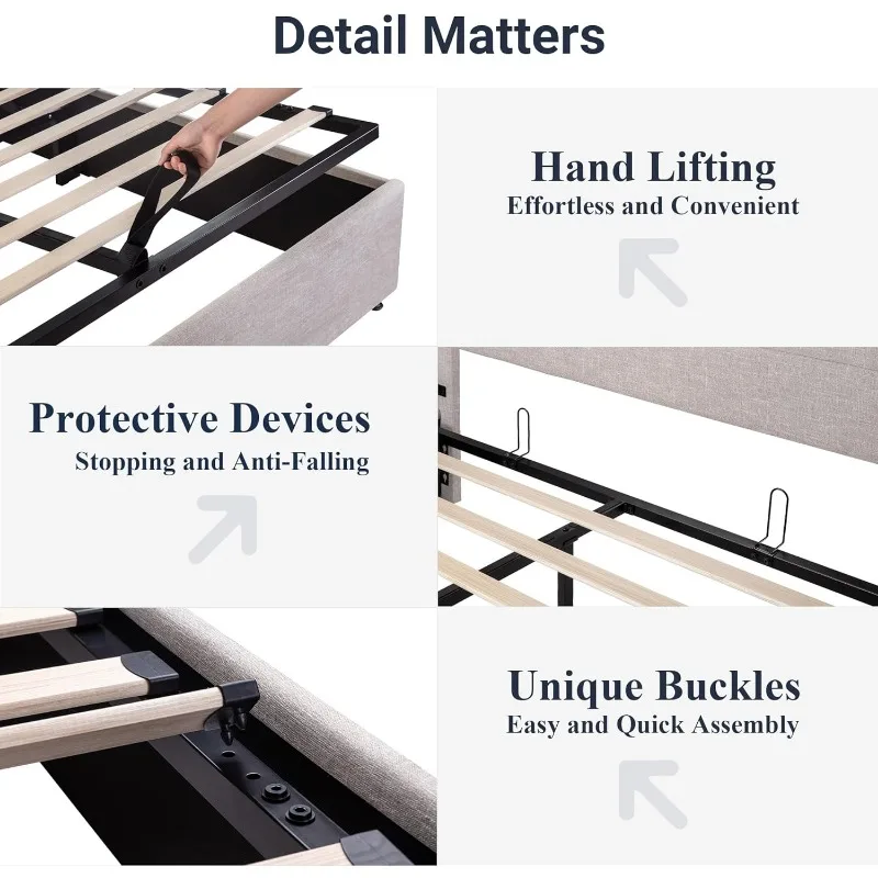 Queen Size Lift Up Opbergbed, Modern Vleugelverdedigingshoofdeinde, Geen Boxspring Nodig, Hydraulische Opslag, Lichtbeige