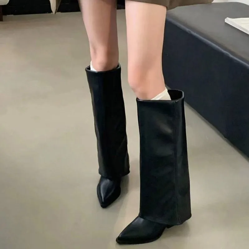 Pointed Toe High Boots Women Goth Pants Boots Autumn Chunky Trend Boots Wear-resistant Mid-calf Boots Winter Shoes New