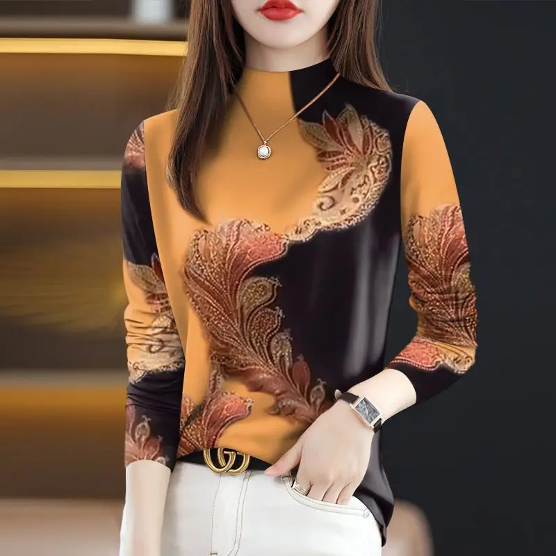 Spring and Autumn Women\'s 2024 New Splicing Pullovers Half High Collar Printed Fashion Slim Fit Versatile Casual Long Sleeve Top