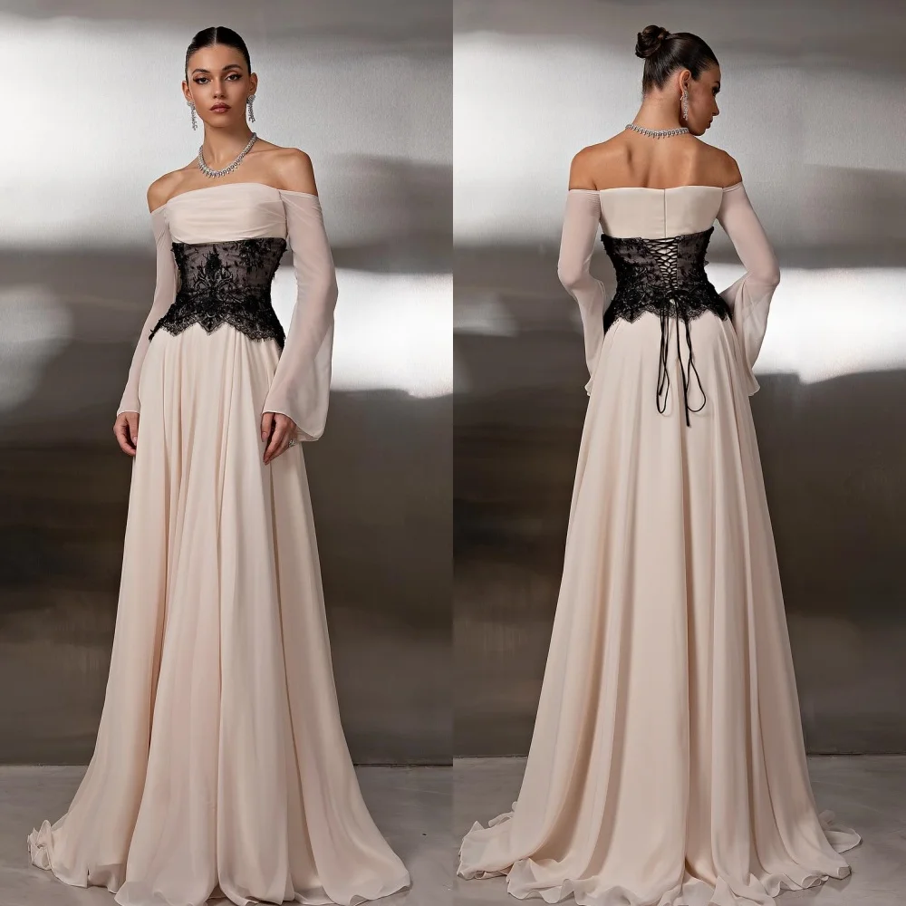 

Customized Simple Fashion Chiffon Pleat Lace A-line Off-the-shoulder Long Dresses Bespoke Occasion Dresses High Quality Casual