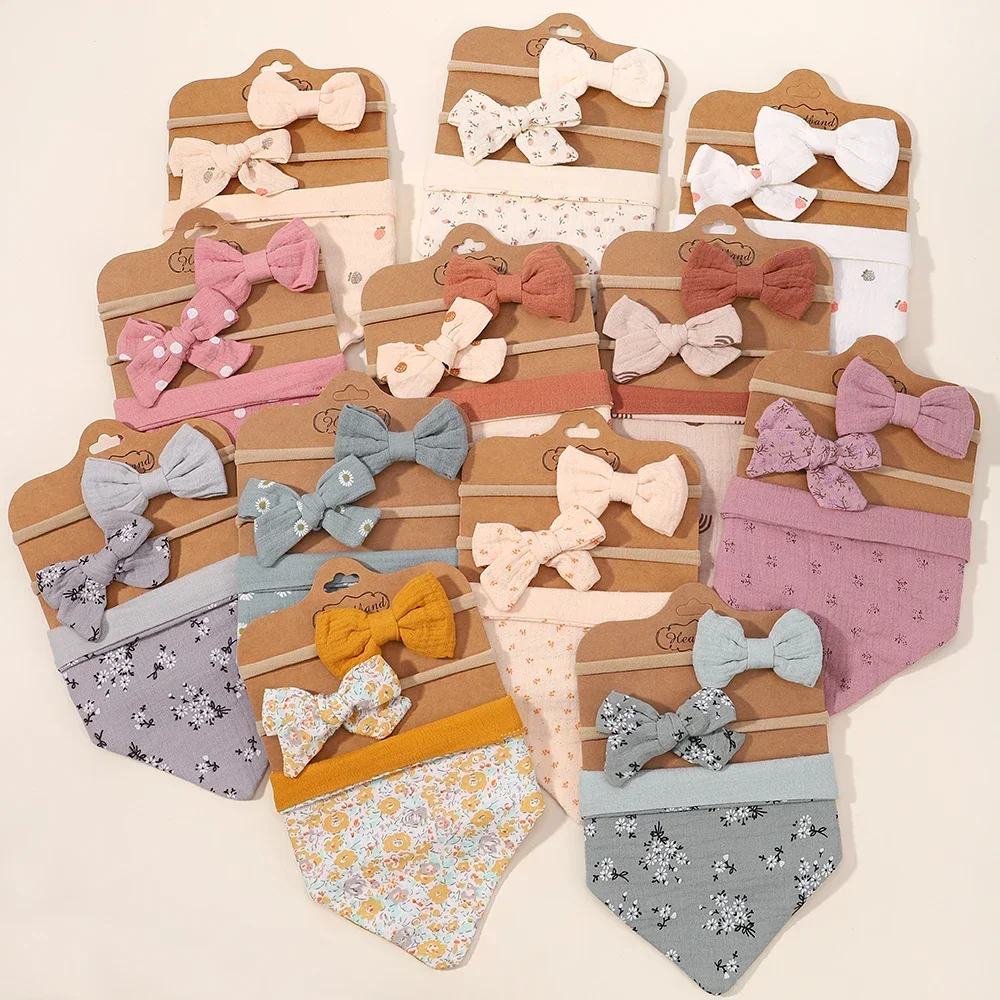 1/3Pcs Baby Headband Saliva Towel Set Floral Print Newborn Double Side Bibs Boys Girls Bandana Burp Cloths Feeding Smock Stuff