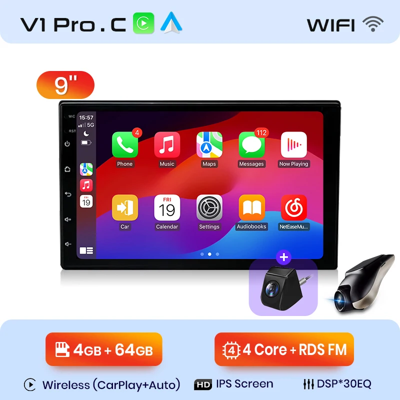 Junsun Qualcomm 8-Core 360 graden camera universele stereo 7" 9" 10" autoradio draadloze CarPlay Android Auto IPS touchscreen multimediaspeler slimme intelligente systemen 2 Din head unit autoradio