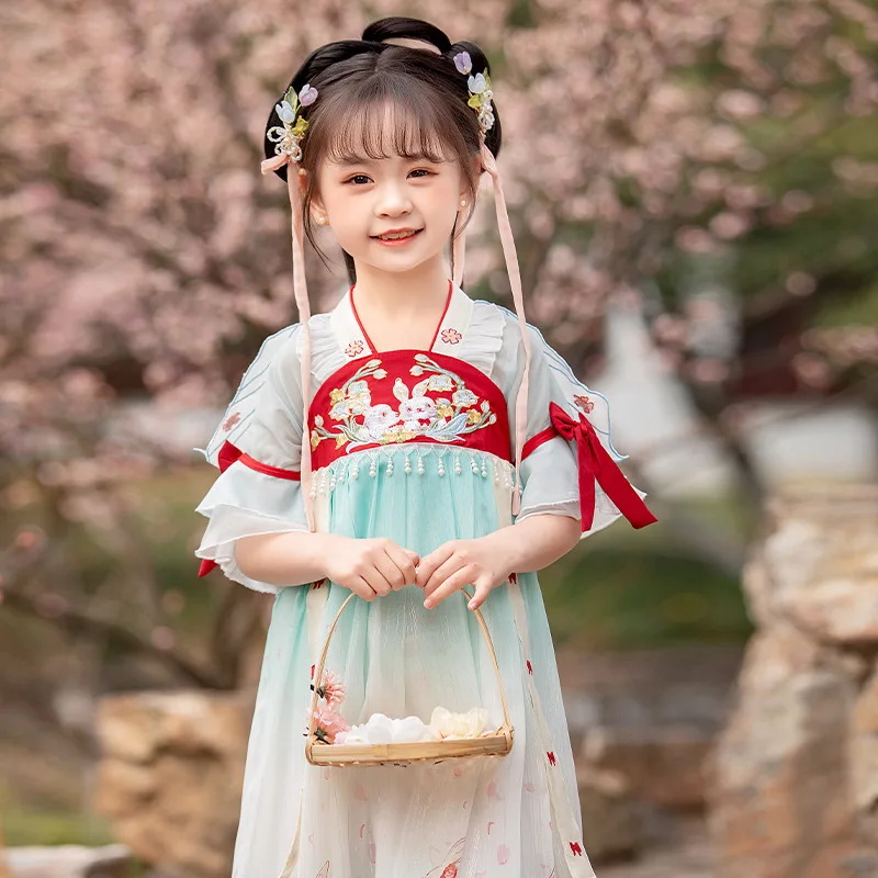 Abito da ricamo coniglio in stile cinese antico Hanfu ragazze Costume orientale bambini fate Tang Dynasty Performance Wear