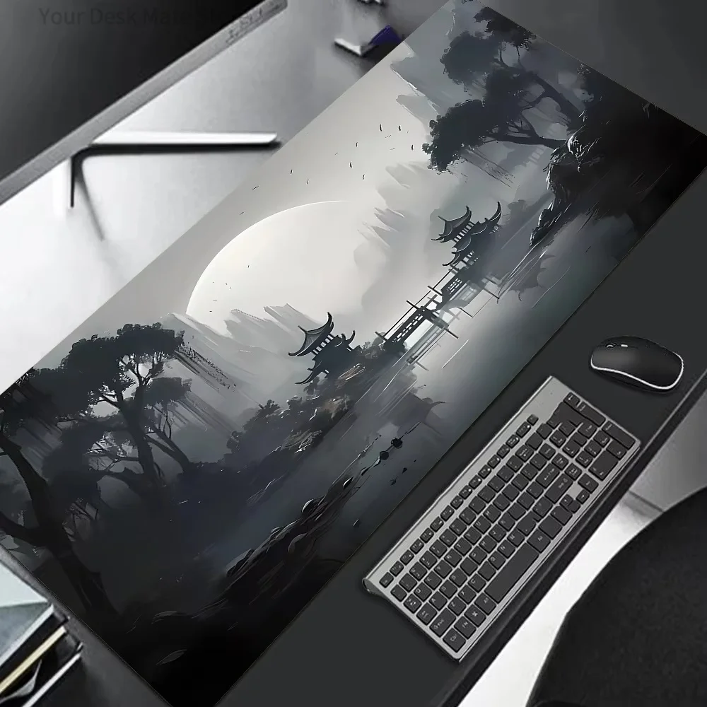 Chinese Ink Wash Landscape Large Gaming Mouse Pad Moon Ancient Pavilion Oriental Art Extended Desk Mat