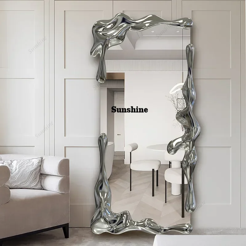 -High-end Light Luxury Water Ripple Home Villa Floor Mirror Dressing Mirror Visual Decorative MirrorY