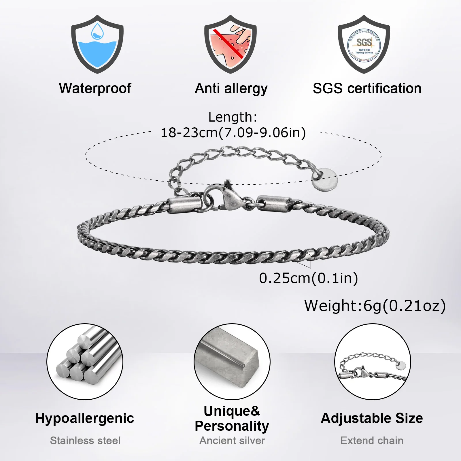 Vnox Slim 2.5mm Snake Links Bracelets for Men Teens, Adjustable Stainless Steel Twisted Chain Bracelets, Simple Metal Jewelry