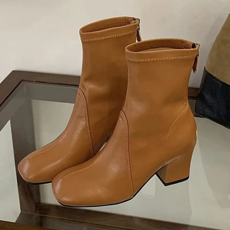Aneikeh 2027 Spring Autumn Fashion Retro Style Soft PU Leather Women Ankle Boots Concise Zipper Round Toe Square Heels Shoes