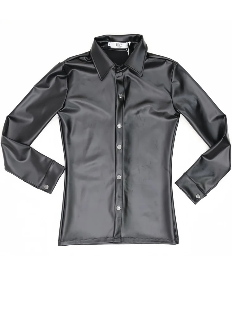 Glossy Elastic PU Leather Shirts Single Breated Long Sleeve Tshirt Motorcycle Tees Gothic Overshirt Jacket Performance Costume