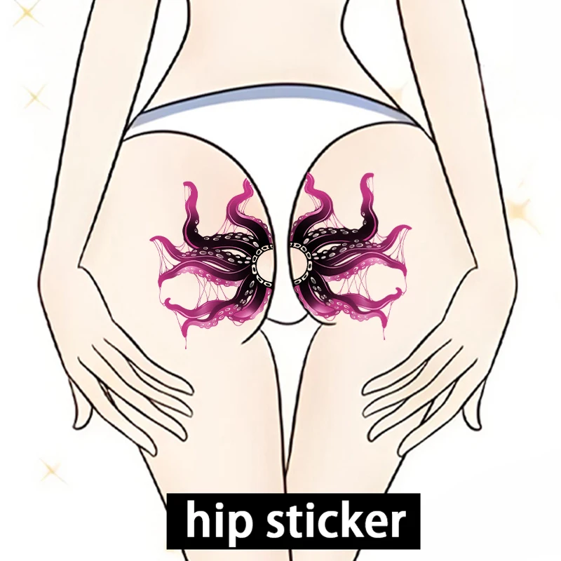 Black and Red Squid Buttock and Abdomen Sexy Design Temporary Sticker, Waterproof and Sweatproof, Colorful Realistic Tattoo