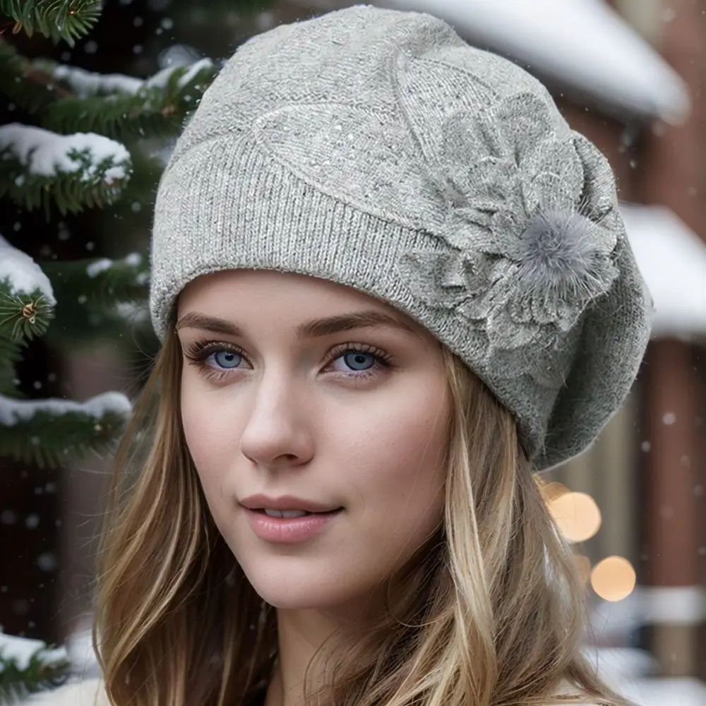 Fashion Womens Winter Knitted Hat Fleece Lined Floral Design Warm Beanie Cap Soft Casual Windproof Bonnet For Autumn