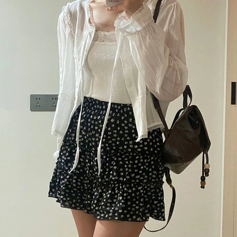 College Lady Sexy Black Flower Mini Skirt Lovely Women Elastic High Waist Tiered Skirts Summer All-match Cute Cake Skirt Casual