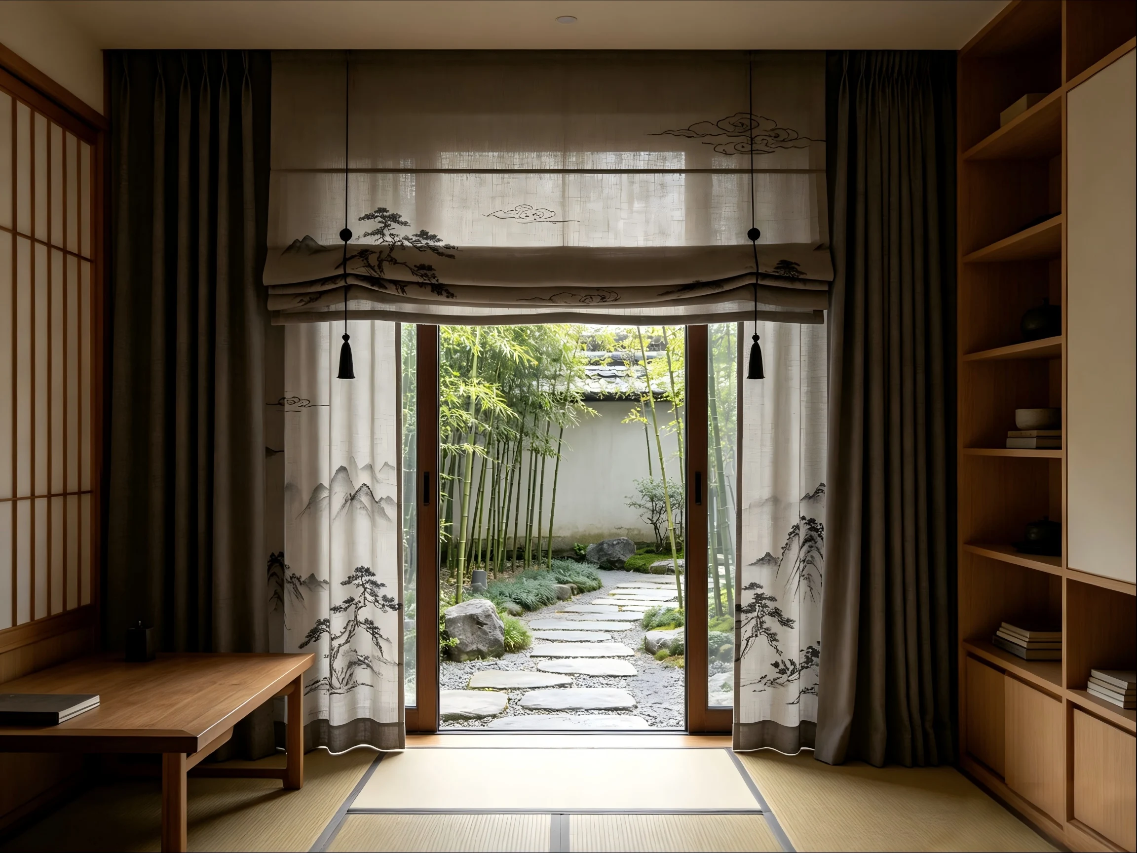 200393   Japanese style mixed study: charcoal grey cotton linen+landscape cloud pattern+matte black pendant curtains