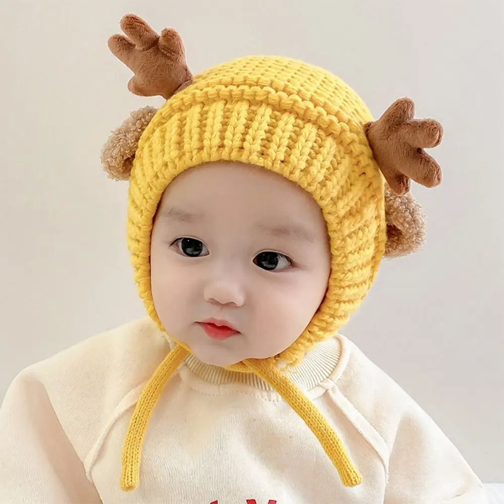 Cartoon Deer Elk Antlers Baby Knitted Hat Ear Warm Plush Children Beanie Cap 4-20 Months Soft Earflap Hat Autumn Winter