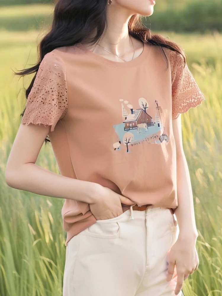 

Модная футболка с вырезами и коротким рукавом, с пэчворк-дизайном, весенний топ с очаровательным принтом, омолаживающий корейский стиль, повседневный.