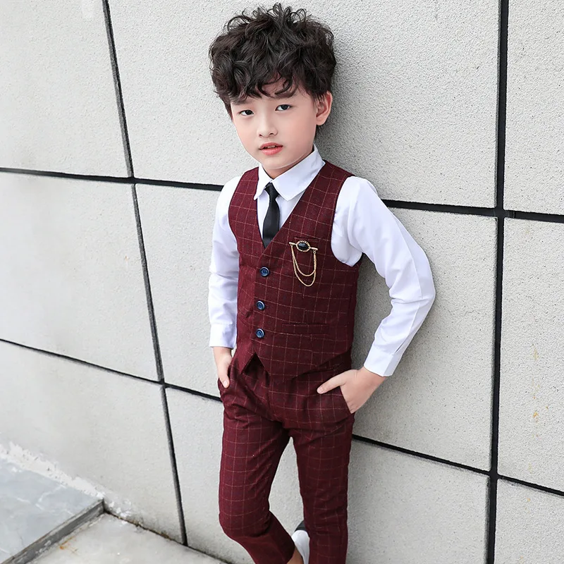 Conjunto de ropa de boda para niños, Blazer, chaleco a cuadros, traje Formal para niños pequeños, broche, camisa, pantalón, traje para caballeros