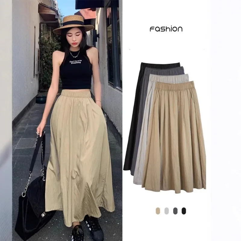 Women Summer New French Style Knee-Length Solid color dress girl student Slim Fit Mid-Length Vintage A-Line Flared Skirt Fashion