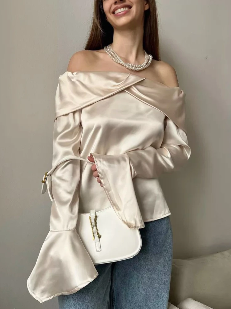 Elegant Draped T-shirts for Women 2025 New in Summer Sexy Backless Irregular Skew Collar Solid Color Long Sleeve Party Top