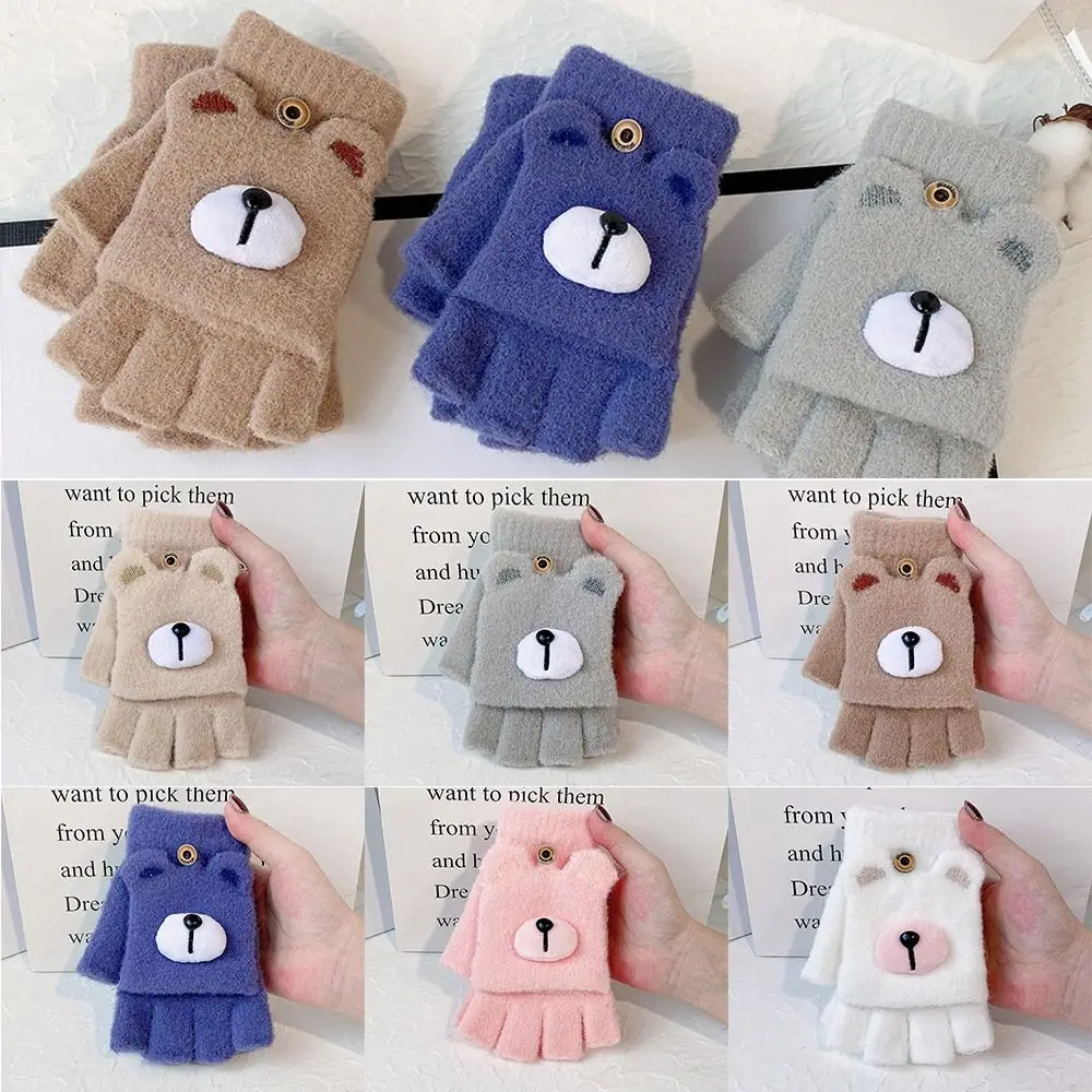 Cartoon Bear mezze dita Flip guanti lavorati a maglia Touch Screen guanti senza dita antivento peluche addensare guanti per maglieria donna