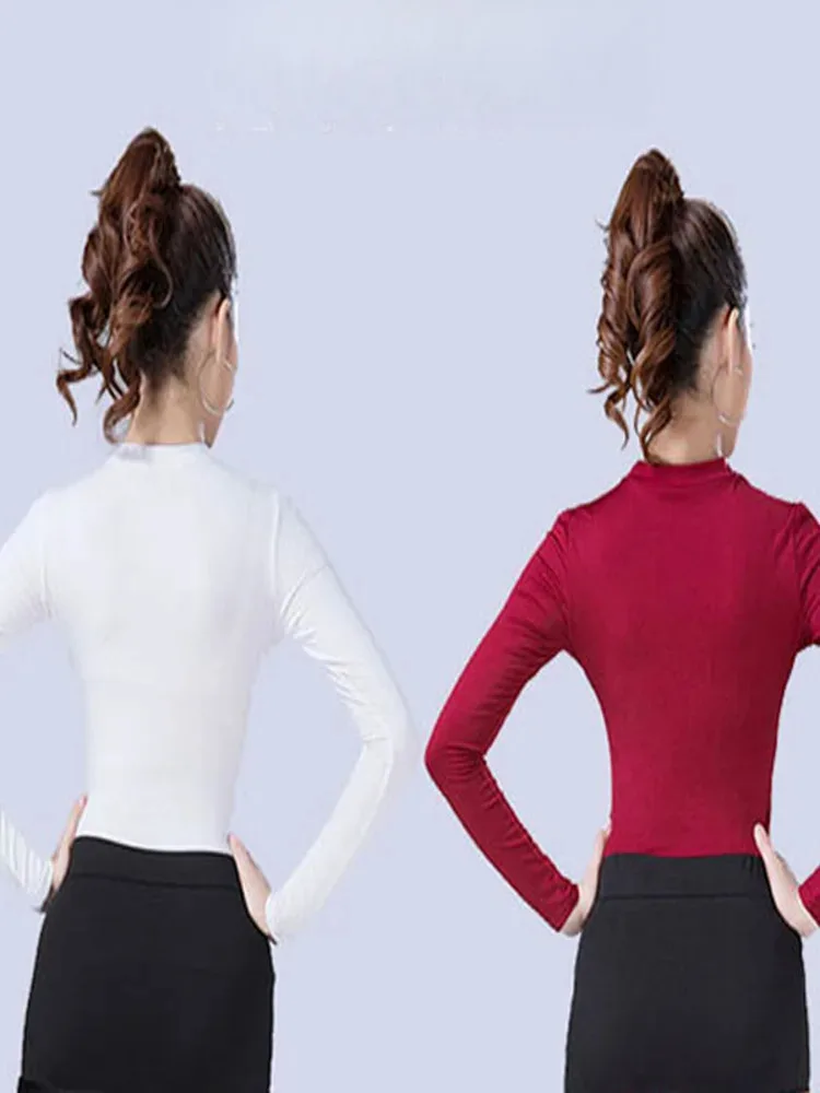 ผู้หญิงแขนยาวเต้นรําเสื้อยืดละตินหญิง Elegant หญิง SLIM FIT การแข่งขัน TOP สีทึบ Tango POLE เสื้อผ้า