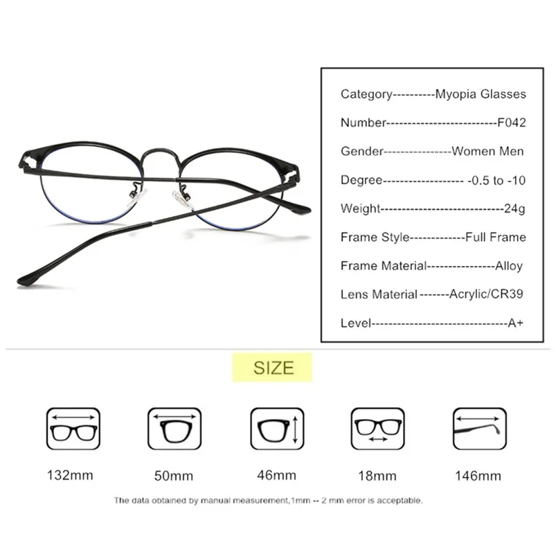 Myopia Glasses SPHERE -0.5 To -10 Men Women Elegant Metal Frame Prescription Spectacles Blue Light Blocking Or Photochromic F042