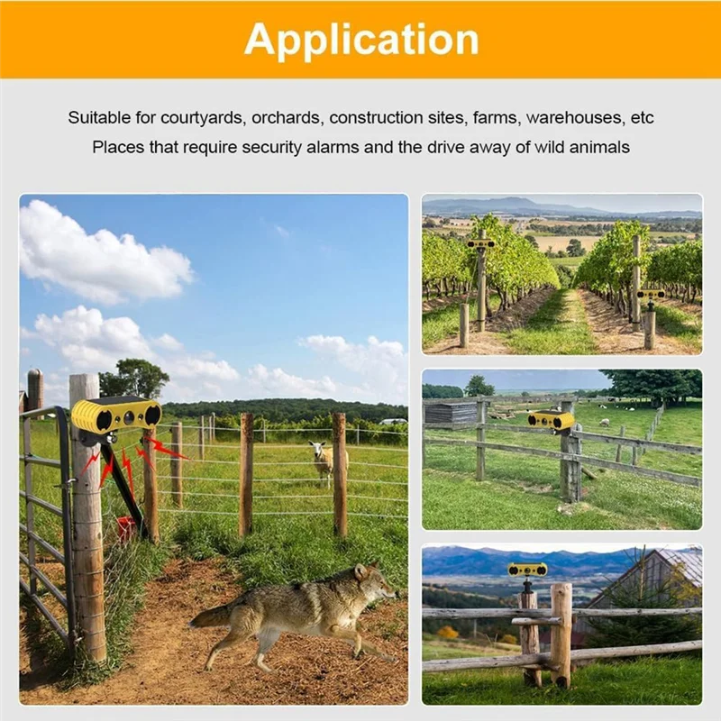 SQPP-alarma con Sensor de movimiento Solar, luz de advertencia para exteriores, sistema de alerta de seguridad de 13 sonidos, repelente de animales para granero de granja