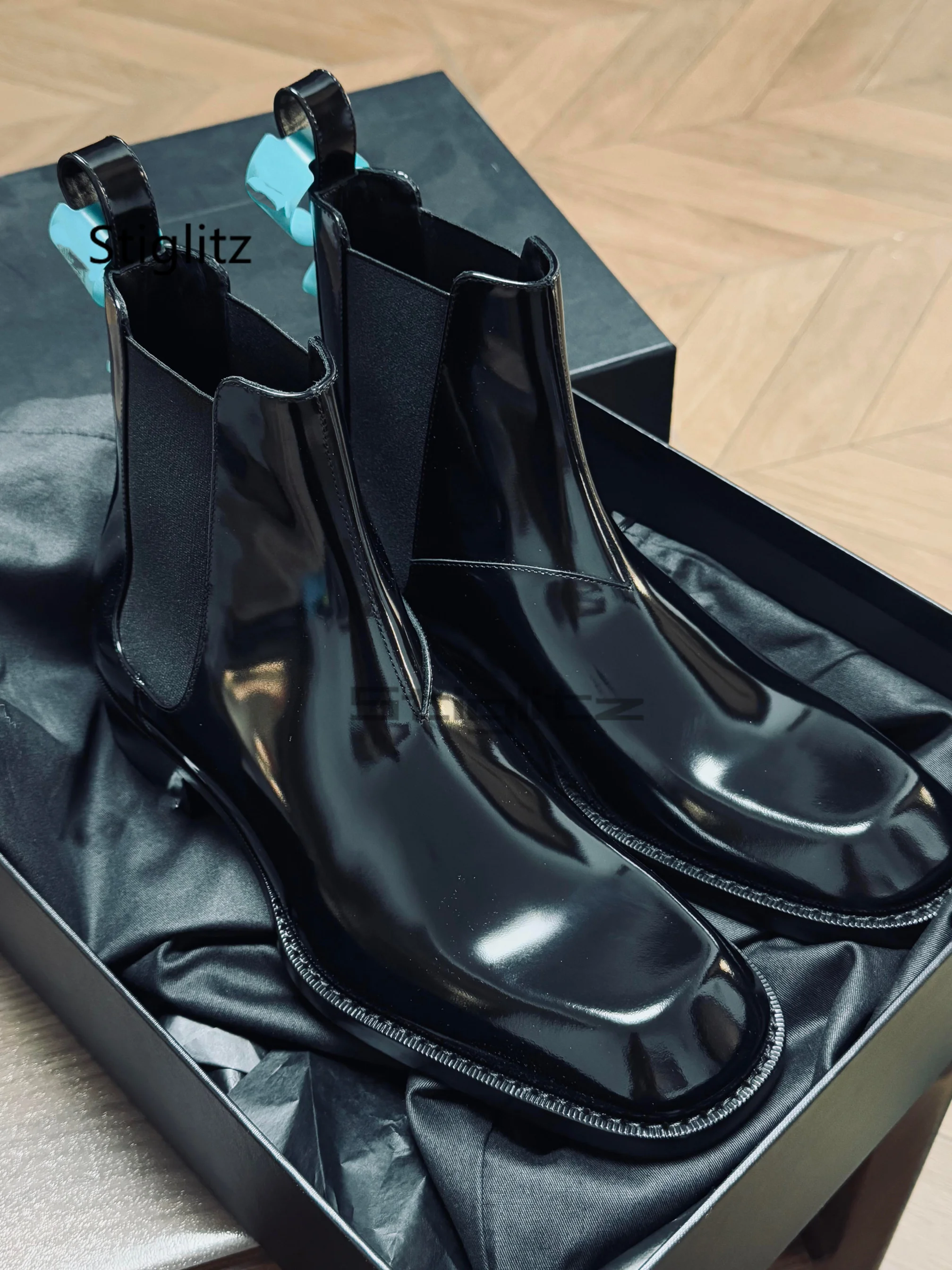 Bright Leather Ankle Boots for Men British Style Thick Soles Black Patent Leather Slip On Elastic Boots High Top Male Shoes