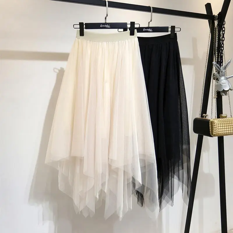 

Women Fashion Party Skirt Elastic High Waist Long Tulle Skirt Irregular Hem Mesh Tutu Skirt women Midi Skirt